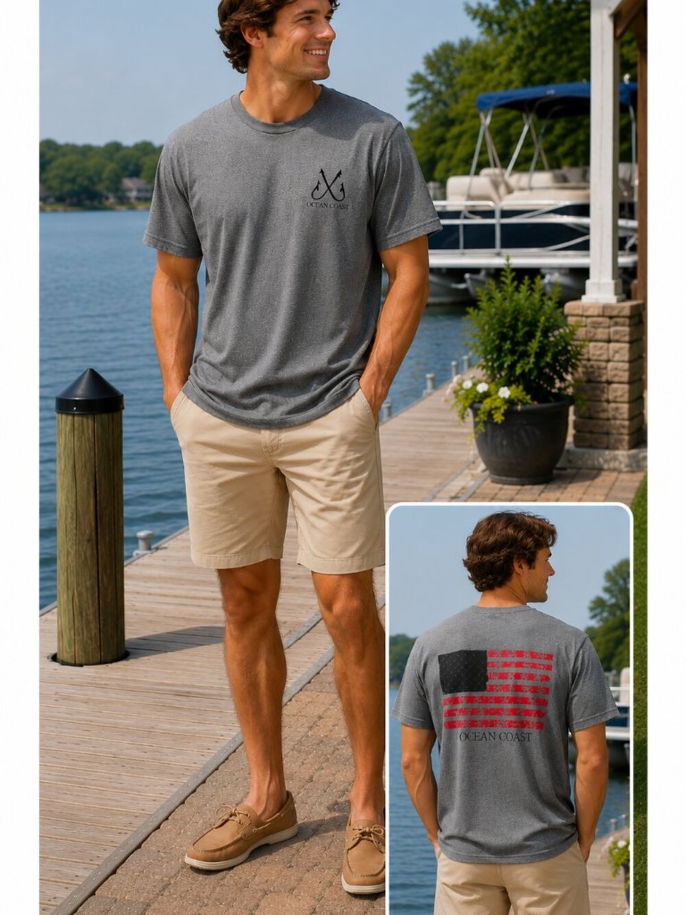 Ocean + Coast Men’s Large Gray Performance American Flag Patriotic Tee